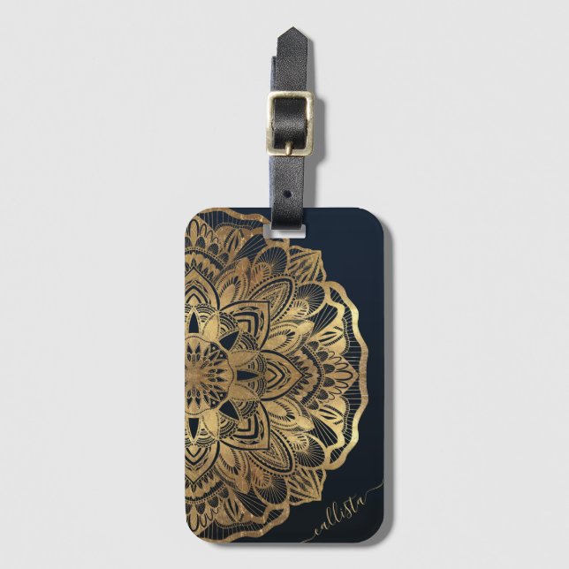 Étiquette À Bagage Chic Moderne Marine Blue Gold Mandala (Devant Vertical)