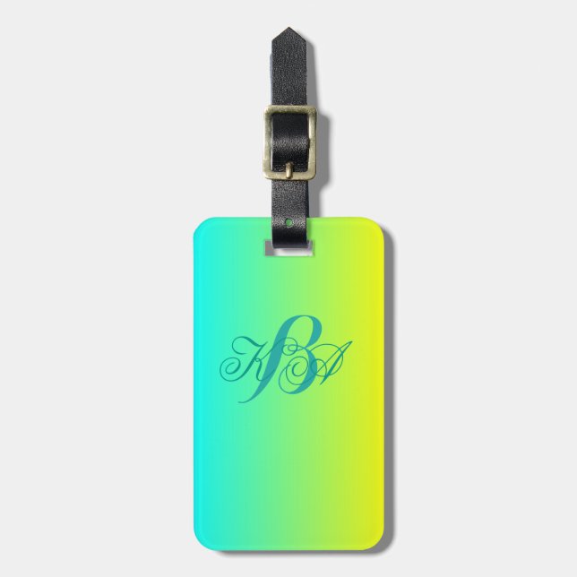 Étiquette À Bagage chic moderne turquoise jaune vert ombre monogramme (Devant Vertical)