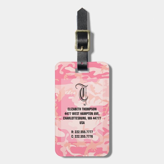 Étiquette À Bagage Chic Monogram Camouflauge Rose Bagages (Devant Vertical)