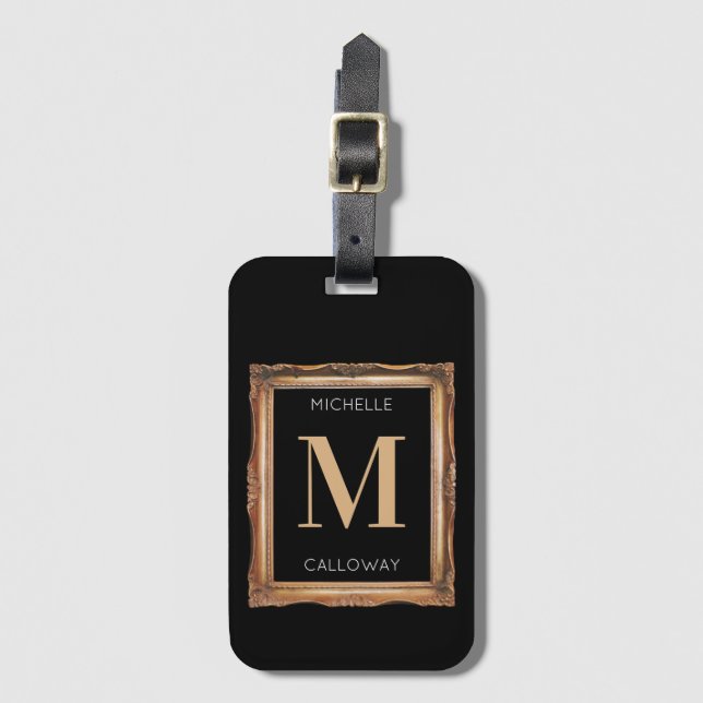 Étiquette À Bagage Chic Monogramme noir et or (Devant Vertical)
