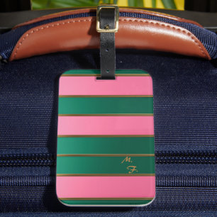 Étiquette À Bagage Chic Monogrammé Rose et Vert Gras, Rayures Dorées