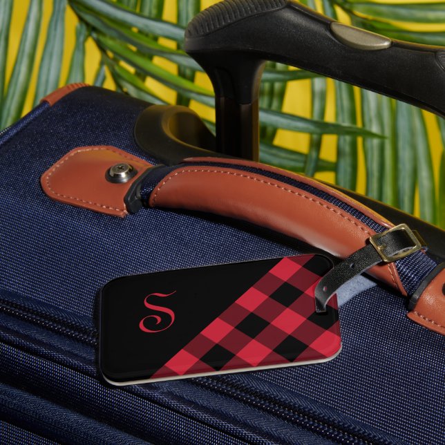 Étiquette À Bagage Chic Monogramme Rouge Buffle noir Vérifier géométr (Insitu Rectoal 3)