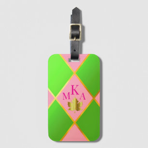 Étiquette À Bagage Chic Monogrammed rose et Jacquard vert
