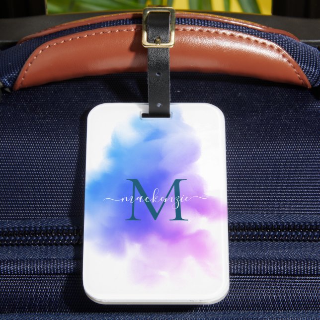 Étiquette À Bagage Chic Ombre bleu rose aquarelle Monogramme (Insitu Rectoal 2)