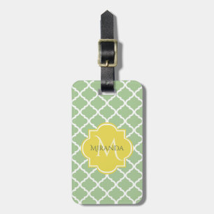 Étiquette À Bagage Chic Pastel Green Quatrefoil Jaune Nom Monogramme