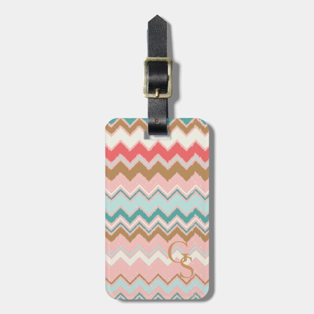 Étiquette À Bagage Chic Pastel Pink Mint Chevron Personnalisé Monogra (Devant Vertical)