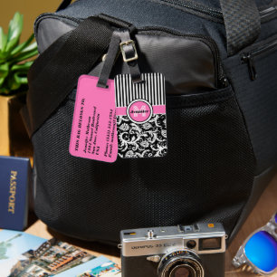 Étiquette À Bagage Chic Pink, Black, White Stripes, Monogrammed