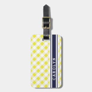 Étiquette À Bagage chic preppy jaune marine en vichy motif monogramme