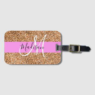Étiquette À Bagage Chic Rose & Citrouille Paillettes Monogramme Nom