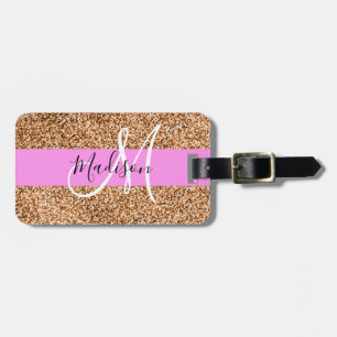 Étiquette À Bagage Chic Rose & Citrouille Paillettes Monogramme Nom