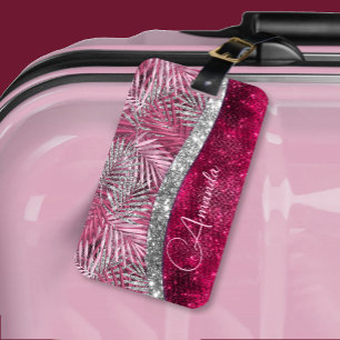 Étiquette À Bagage Chic rose fuchsia parties scintillant feuille mono