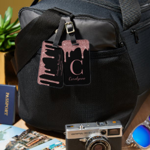 Étiquette À Bagage Chic Rose Parties scintillant or  Monogramme sur n