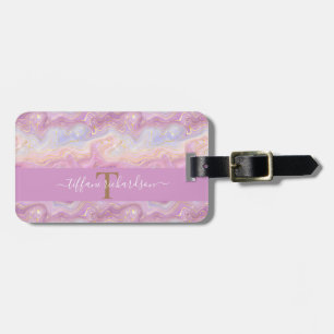 Étiquette À Bagage Chic rose violet or Agate Géode Monogramme