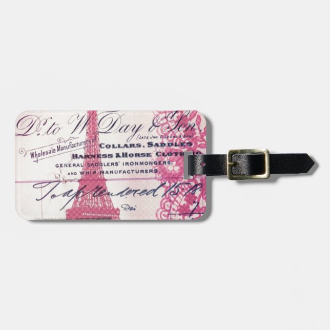 Étiquette À Bagage chic script français dentelle rose paris tour eiff (Devant horizontal)