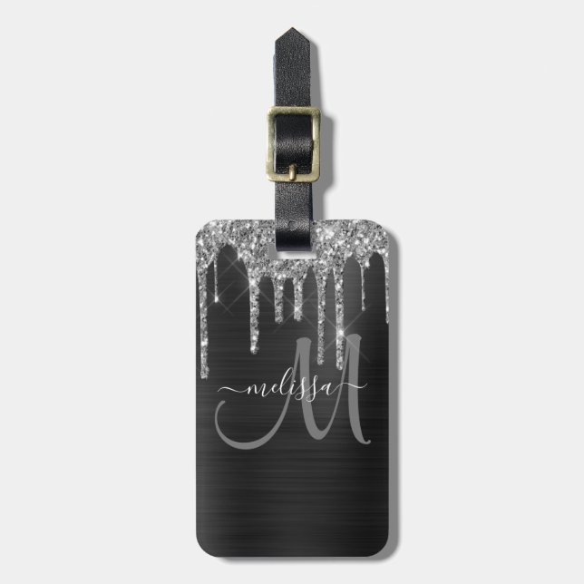 Étiquette À Bagage Chic Silver Parties scintillant Drives brossé nom  (Devant Vertical)