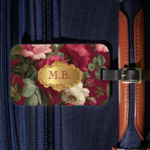 Étiquette À Bagage Chic Vintage Monogramme Fleur de Rose Rouge