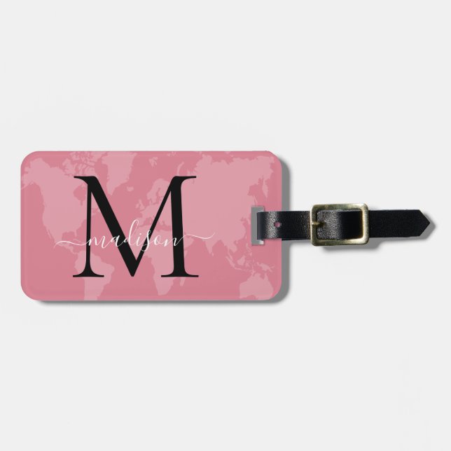Étiquette À Bagage Chic World Traveler Map Pink Monogramme Nom Script (Devant horizontal)
