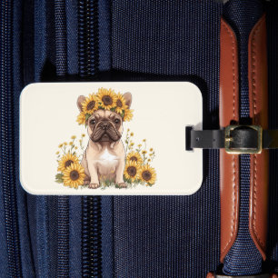 Étiquette À Bagage Chien À Balle Français Entouré De Tournesols