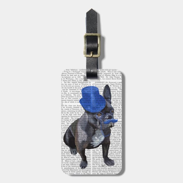Étiquette À Bagage Chien à tête bleue avec chapeau bleu et moustache (Devant Vertical)