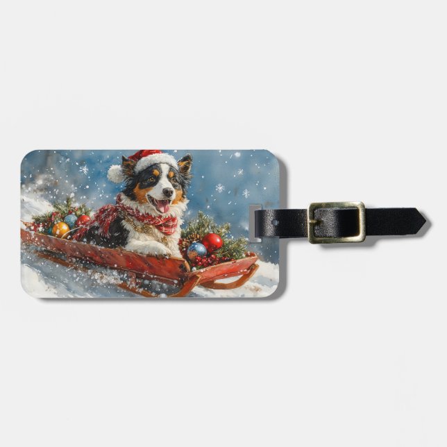 Étiquette À Bagage Chien de berger australien en Noël à Sledge (Devant horizontal)