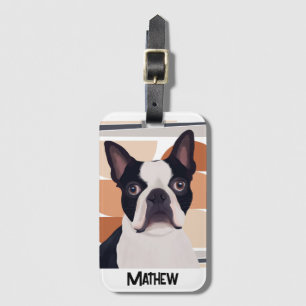 Étiquette À Bagage Chien de Boston Terrier - Orange Géométrique