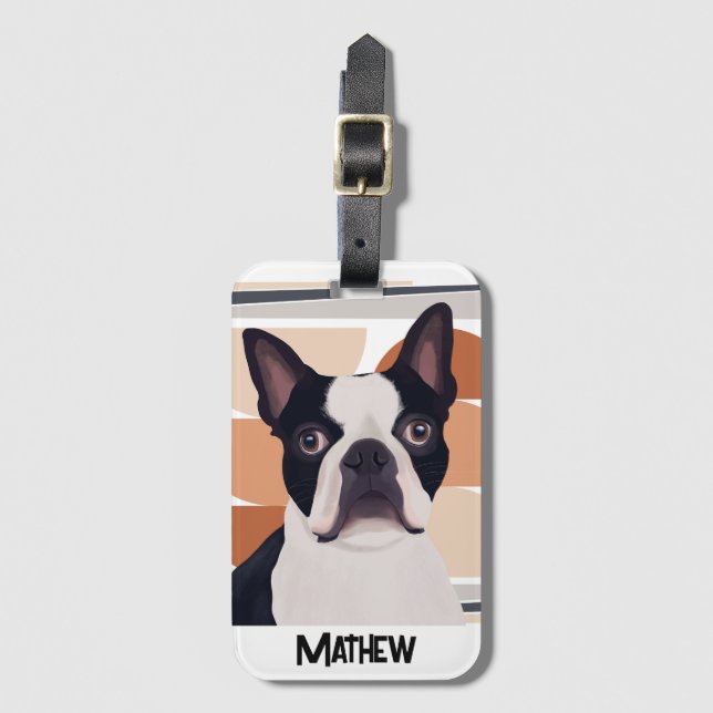 Étiquette À Bagage Chien de Boston Terrier - Orange Géométrique (Devant Vertical)