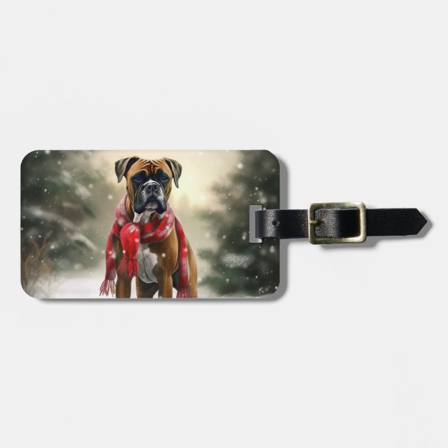 Étiquette À Bagage Chien de boxe en Noël de neige (Devant horizontal)