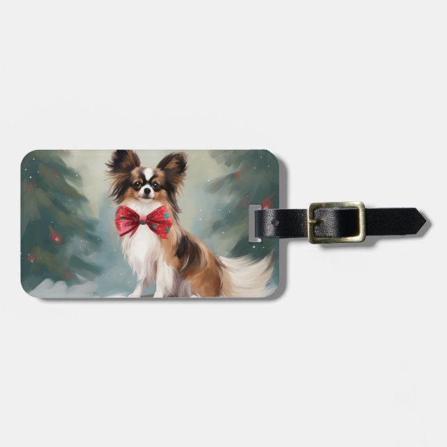 Étiquette À Bagage Chien de Papillon à Noël de neige (Devant horizontal)