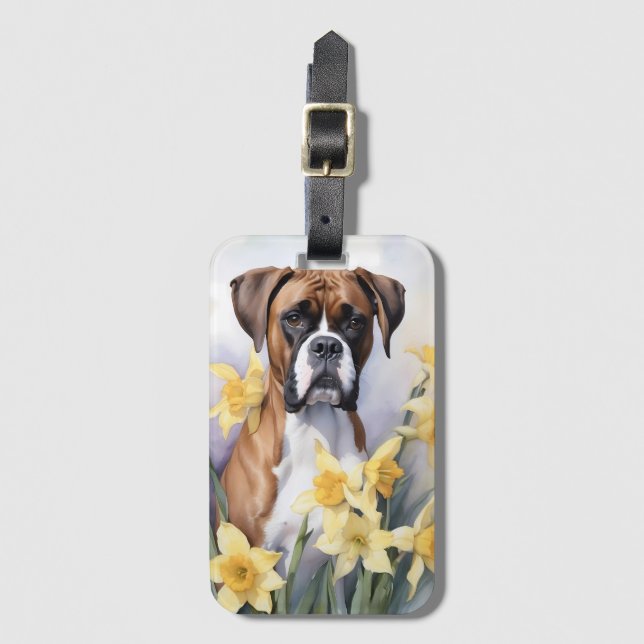 Étiquette À Bagage Chien mignon De Boxe Avec Daffodiles Jaunes Aquare (Devant Vertical)