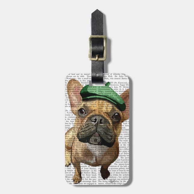Étiquette À Bagage Chien-taureau français Brown avec Casquette vert 2 (Devant Vertical)
