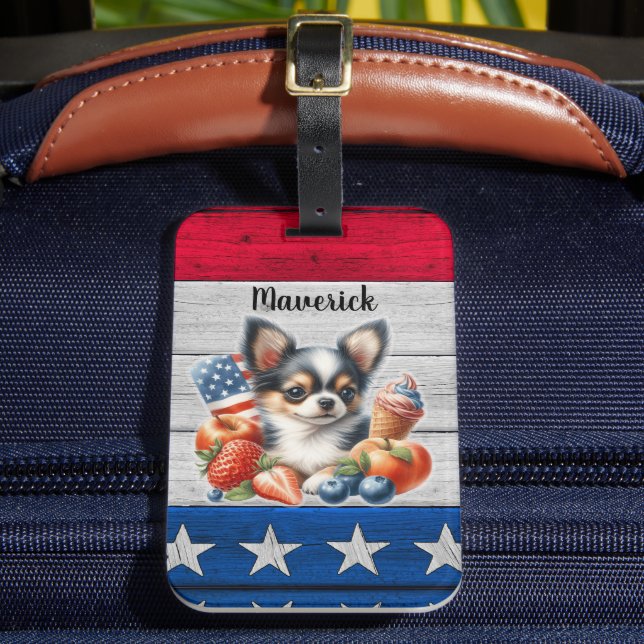 Étiquette À Bagage Chihuahua Patriotique Fruit USA Long Hair Chihuahu (Insitu Rectoal 2)
