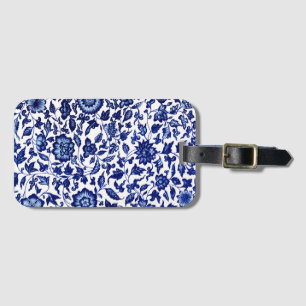 Étiquette À Bagage Chinois bleu marine foncé motif floral sur blanc