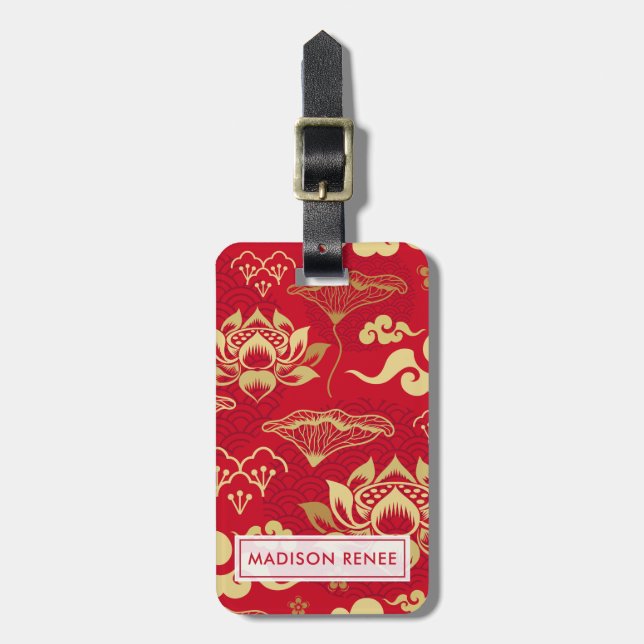 Étiquette À Bagage Chinois Floral Lotus Motif asiatique Personnalisé (Devant Vertical)