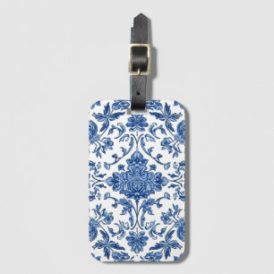 Étiquette À Bagage Chinoiserie florale bleue sur fond blanc aquarelle