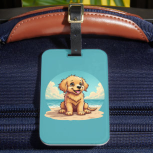 Étiquette À Bagage Chiot doré mignon sur une scène de plage ensoleill