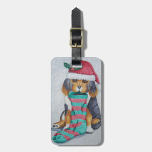 Étiquette À Bagage chiot noir et brun mignon vêtu pour noël