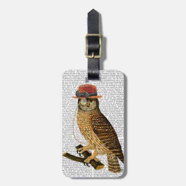 Étiquette À Bagage Chouette avec Casquette Bowler style Steampunk (Devant Vertical)
