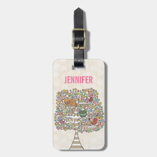 Étiquette À Bagage Chouette chatte et oiseaux dans un arbre Illustrat