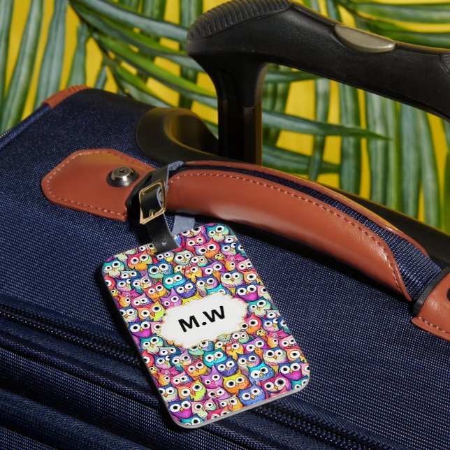 Étiquette À Bagage Chouette face caricature Doodle birds monogramme i (Insitu Rectoal 1)