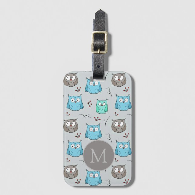 Étiquette À Bagage Chouette gris bleu mou Motif Monogramme (Devant Vertical)
