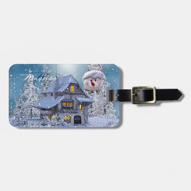 Étiquette À Bagage Christmas Monogram Winter White Snowman Blue (Devant horizontal)