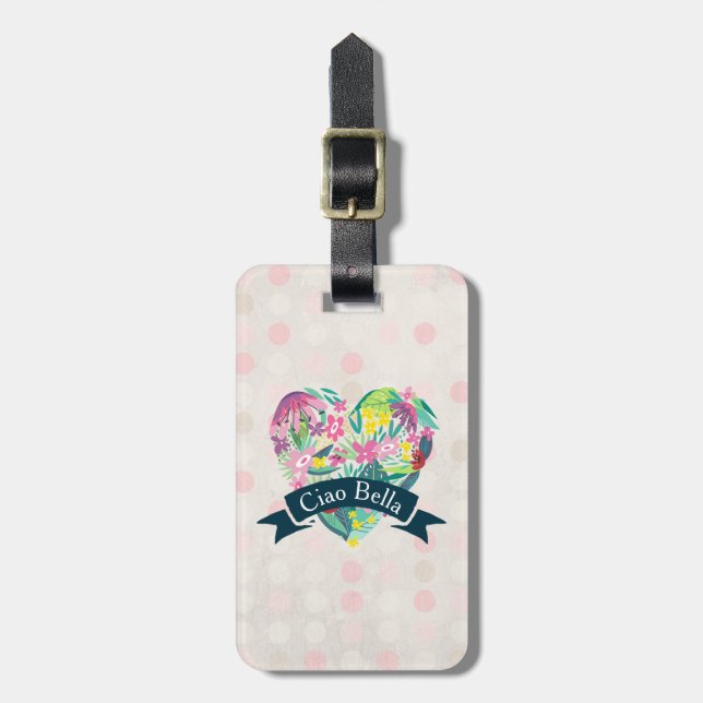 Étiquette À Bagage Ciao Bella Cute Coeur Floral avec Fleurs Tropicale (Devant Vertical)