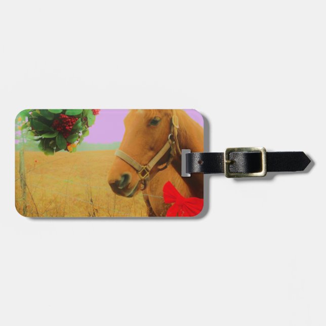 Étiquette À Bagage Ciel rose rétro Cheval de Noël (Devant horizontal)