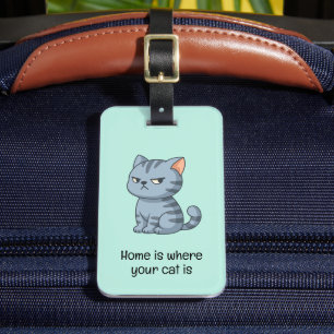 Étiquette À Bagage Citation de chat tabby gris grincheux vert
