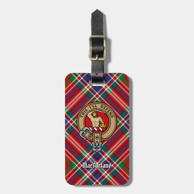 Étiquette À Bagage Clan MacFarlane Crest sur Red Tartan (Devant Vertical)