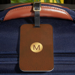 Étiquette À Bagage Classé Chic Faux Brown Cuir & Or Monogramme