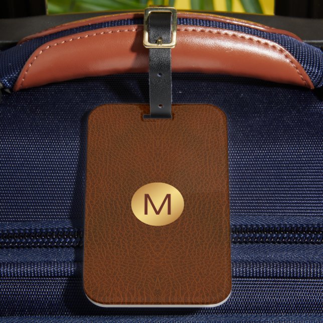 Étiquette À Bagage Classé Chic Faux Brown Cuir & Or Monogramme (Insitu Rectoal 2)