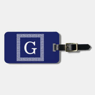 Étiquette À Bagage Clé grecque blanche bleue marine #1 Monogramme enc