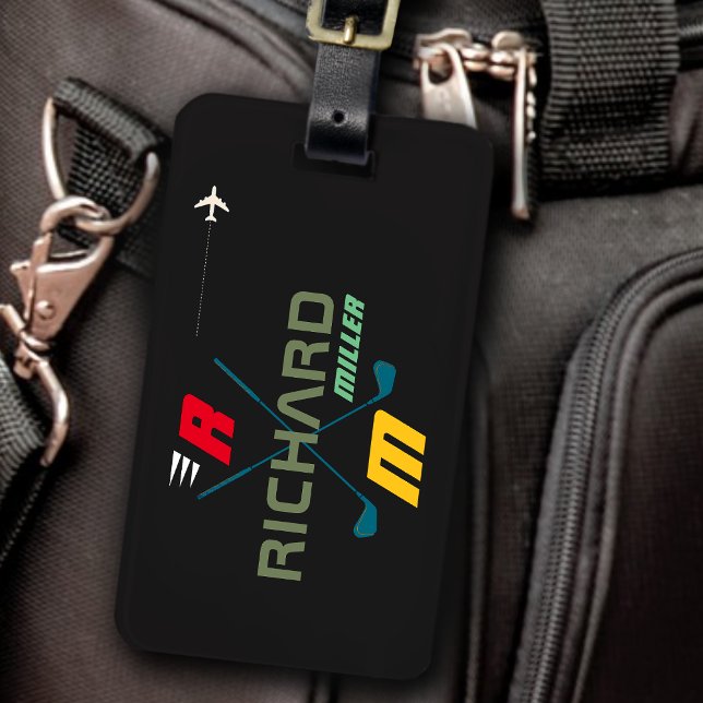 Étiquette À Bagage clubs de golf, nom & initiales sur noir monogramme (Créateur téléchargé)