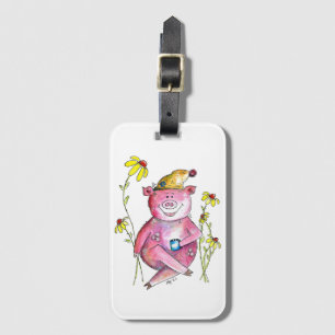 Étiquette À Bagage Cochon fantaisiste mignon buvant du café